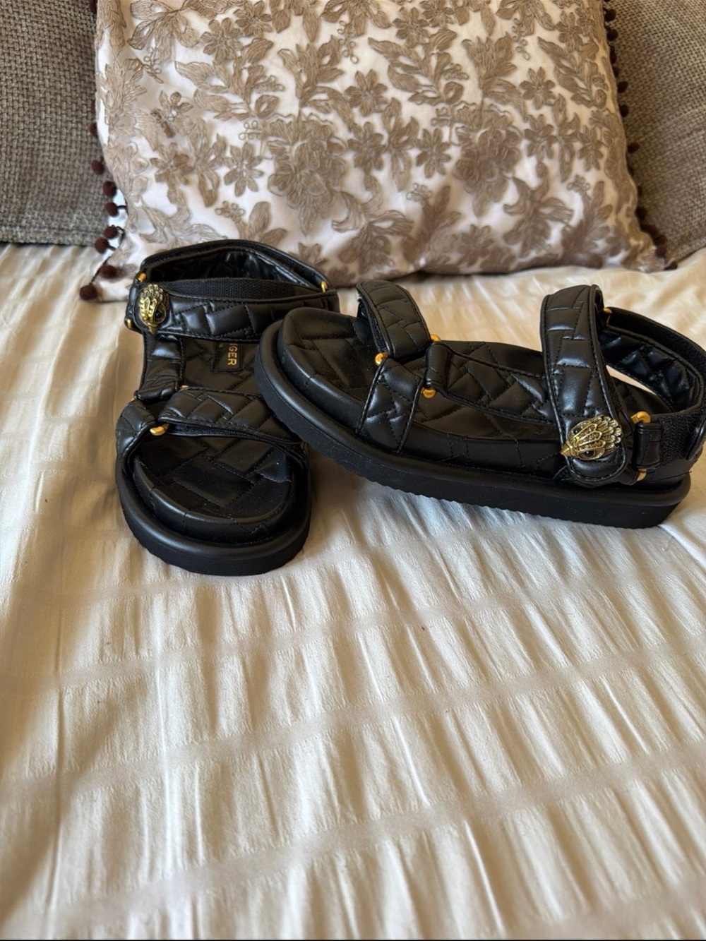 Kurt Geiger Black Quilted Leather Platform Sandals with Gold Accents